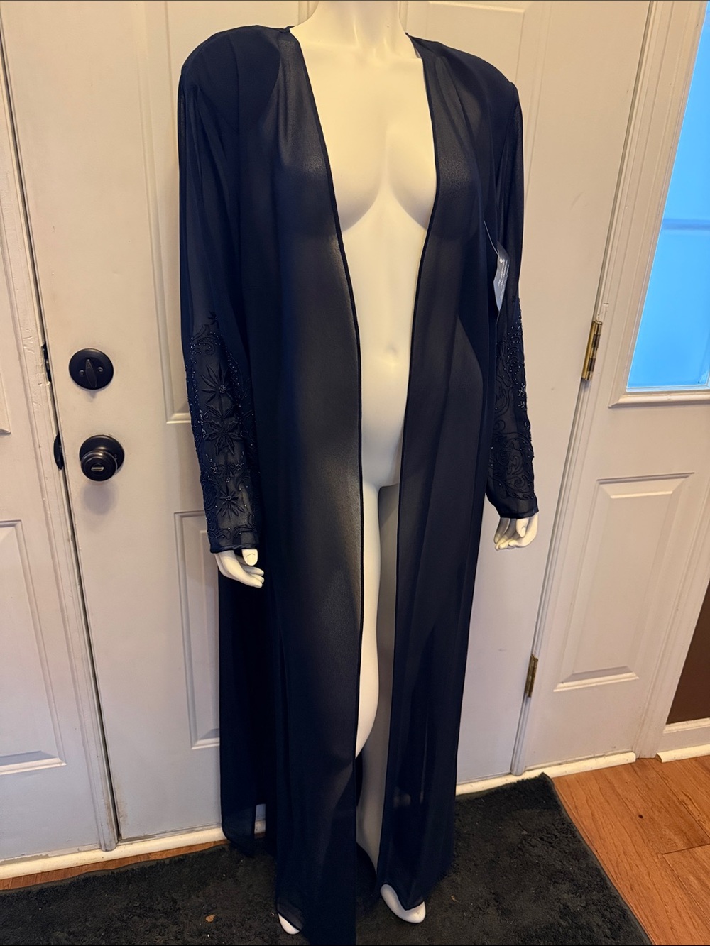 Studio I Black Sheer Long Robe with Embroidered Sleeves